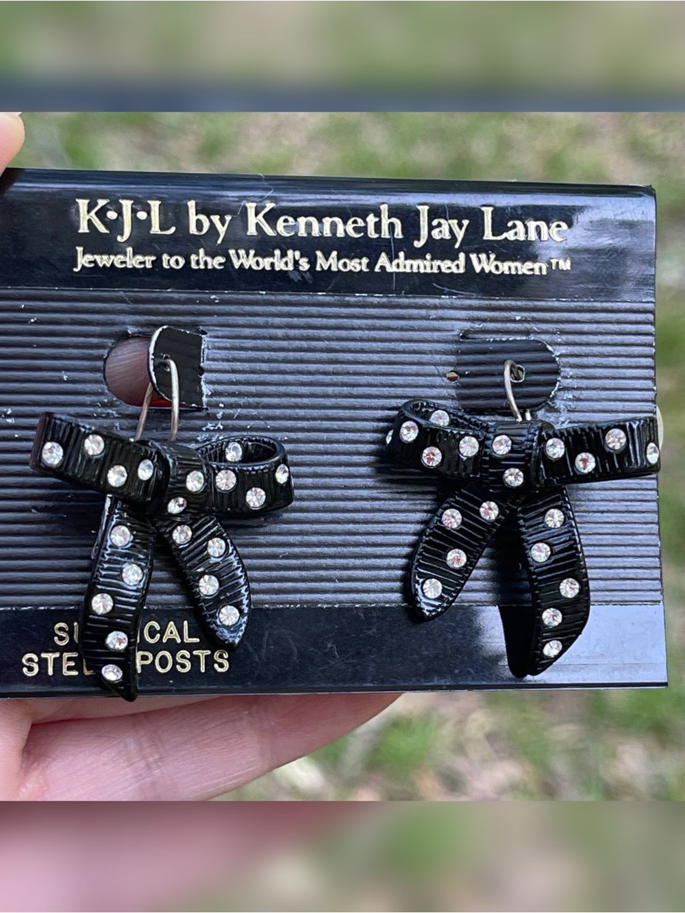 Vintage KJL Kenneth Jay Lane Black Enamel Rhinestone Bow Earrings NWT 1997